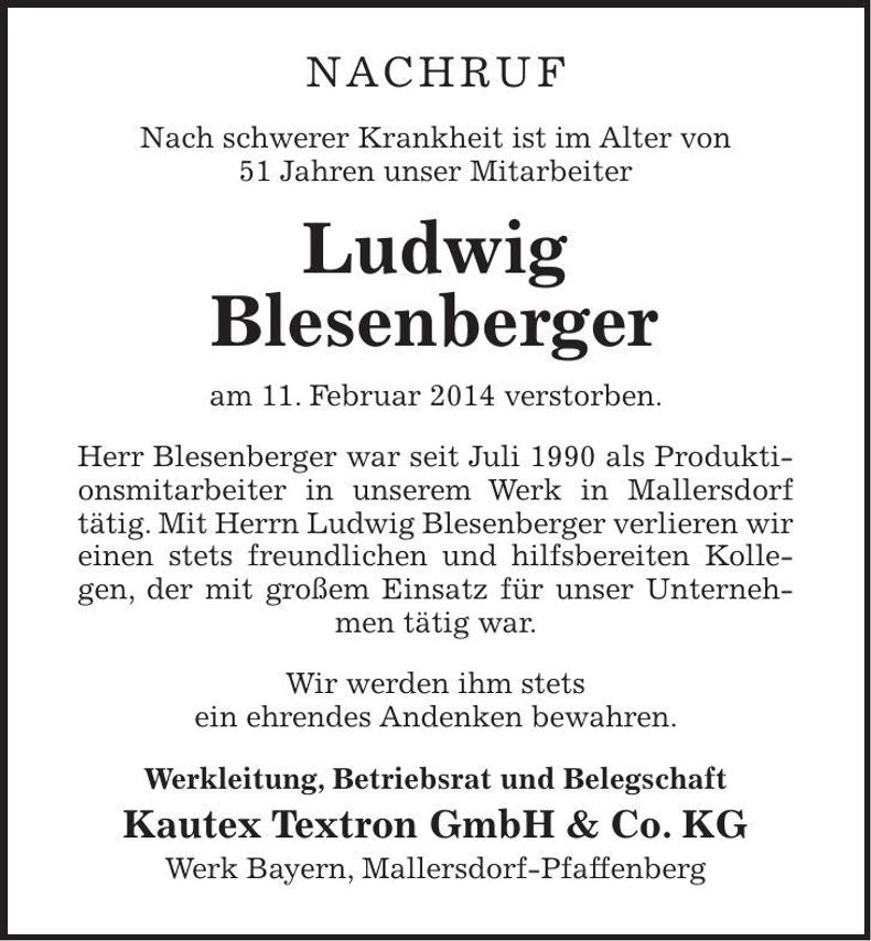 Traueranzeige Ludwig Blesenberger