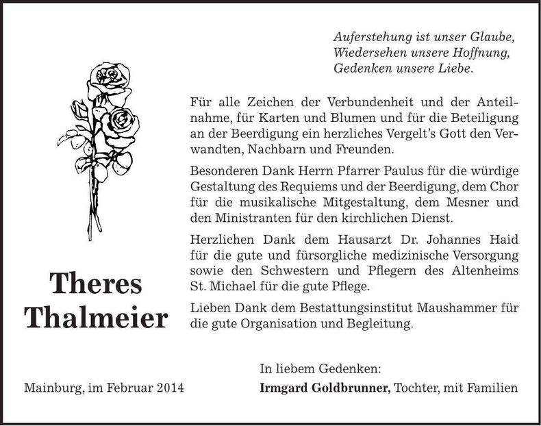 Traueranzeige Theres Thalmeier
