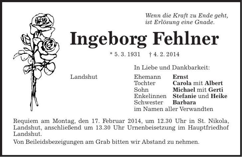 Traueranzeige Ingeborg Fehlner