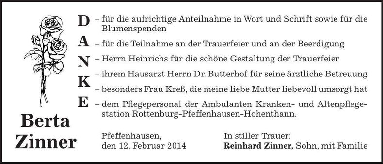 Traueranzeige Berta Zinner