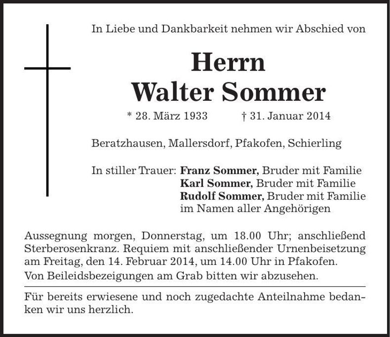 Traueranzeige Walter Sommer