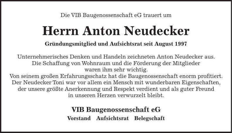 Traueranzeige Anton Neudecker
