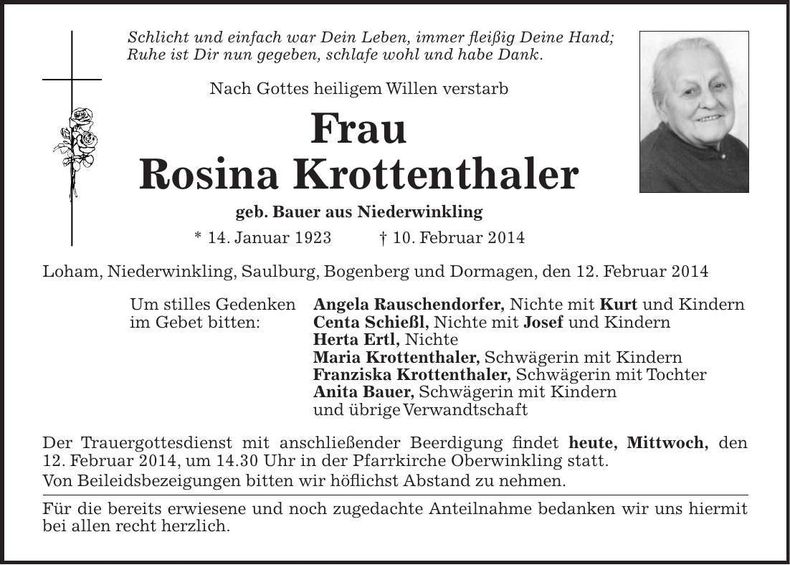 Traueranzeige Rosina Krottenthaler