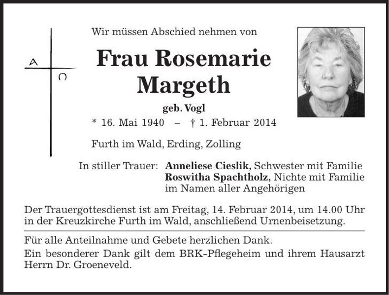 Traueranzeige Rosemarie Margeth