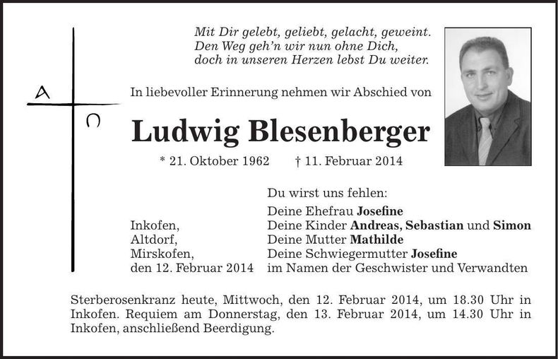Traueranzeige Ludwig Blesenberger