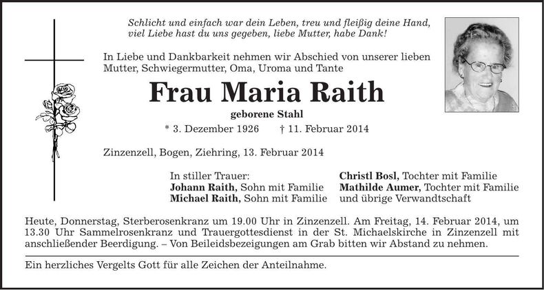 Traueranzeige Maria Raith