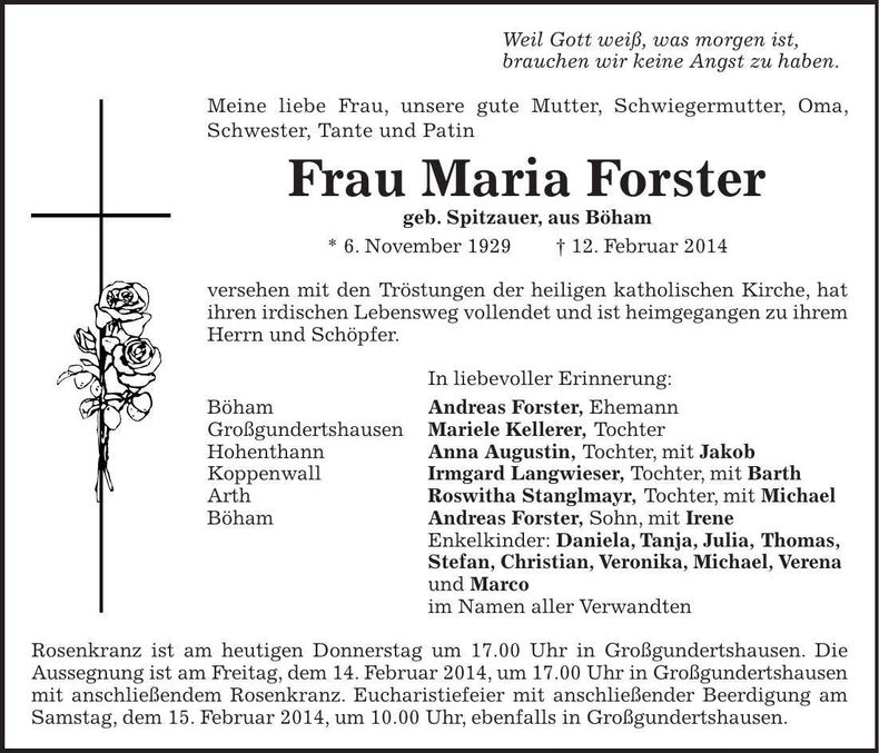 Traueranzeige Maria Forster