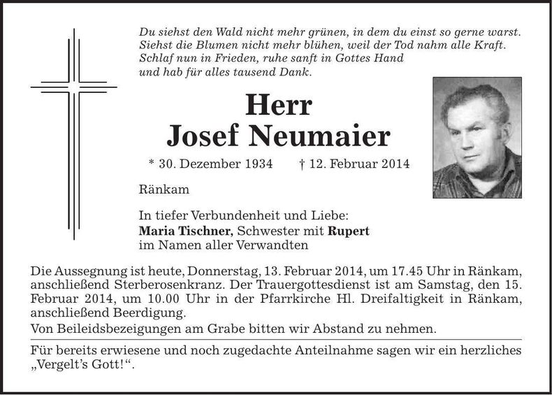Traueranzeige Josef Neumaier