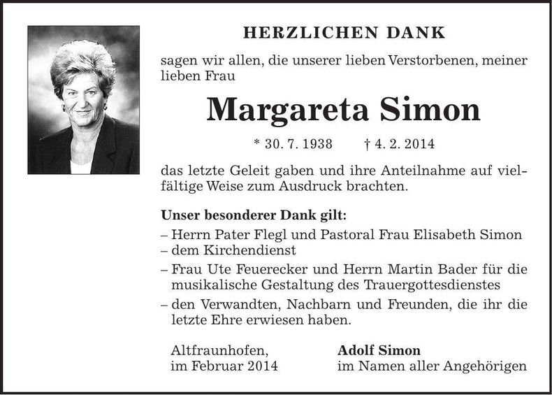 Traueranzeige Margarete Simon