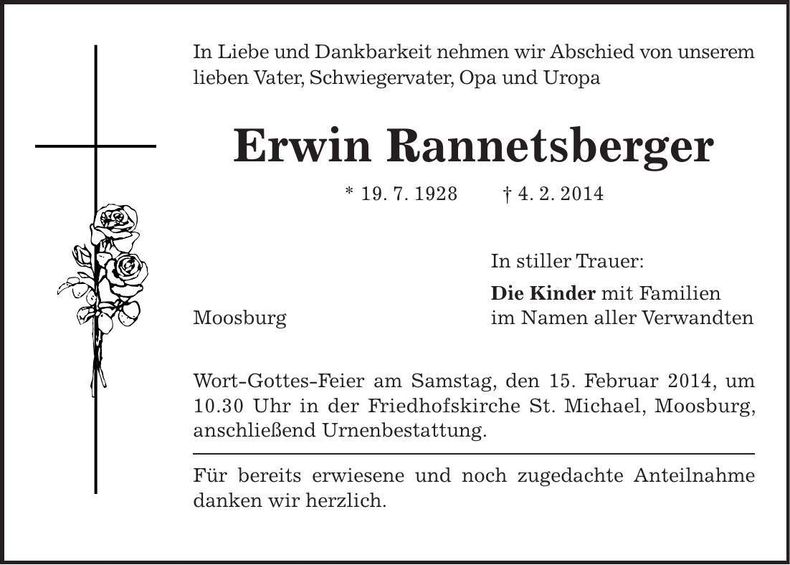 Traueranzeige Erwin Rannetsberger