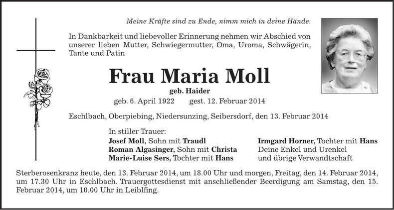 Traueranzeige Maria Moll