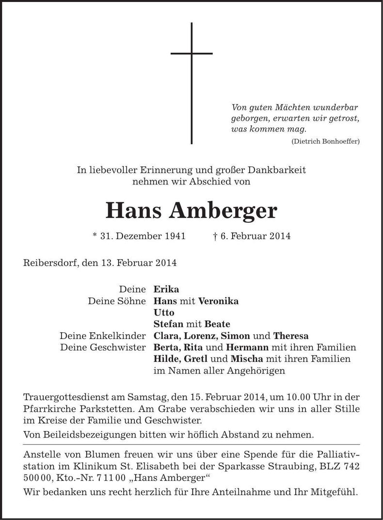 Traueranzeige Johann Amberger