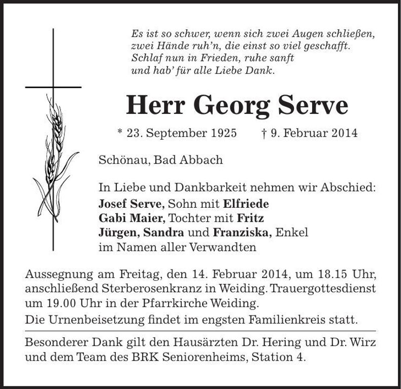 Traueranzeige Georg Serve