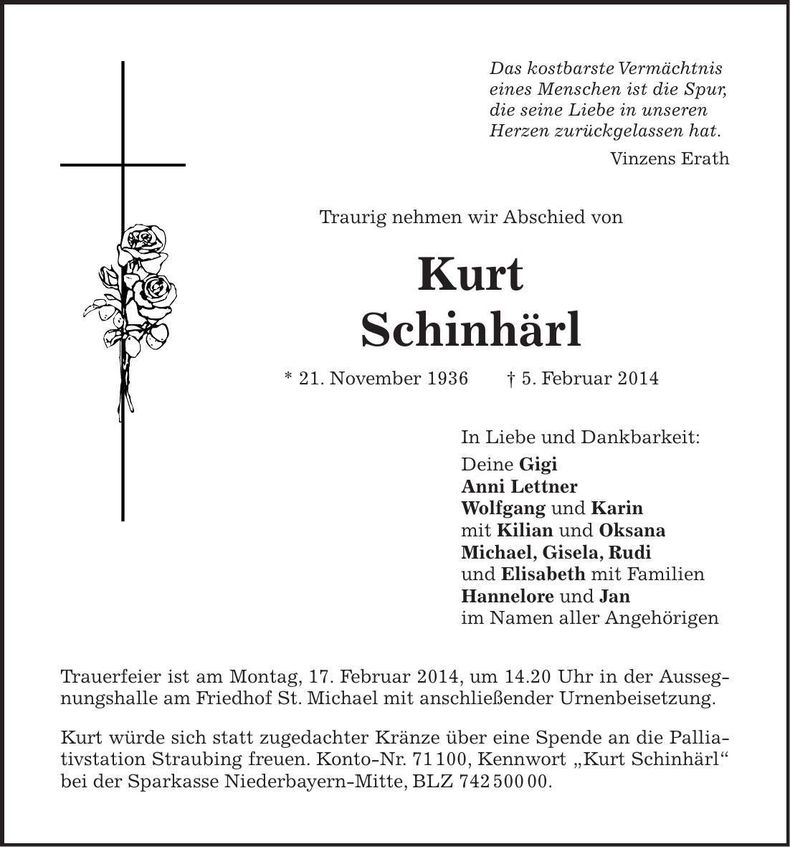 Traueranzeige Kurt Schinhärl