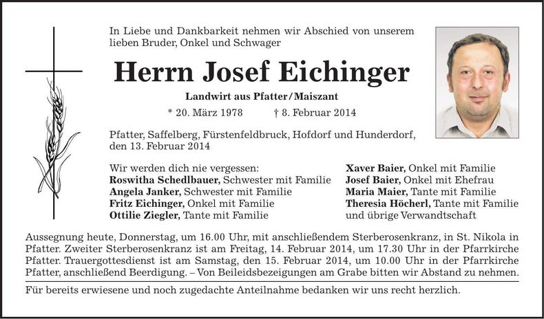Traueranzeige Josef Eichinger