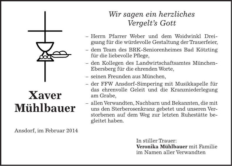 Traueranzeige Xaver Mühlbauer
