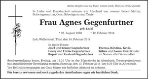 Traueranzeige Agnes Gegenfurtner