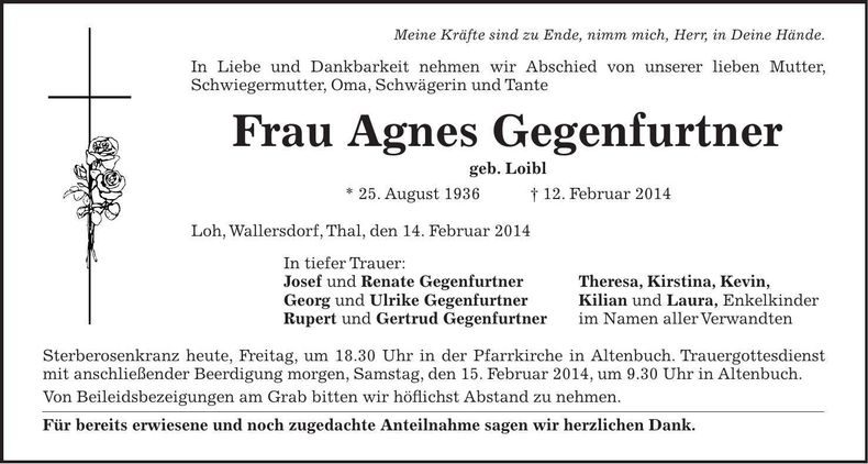Traueranzeige Agnes Gegenfurtner