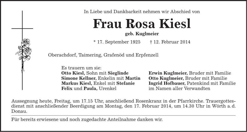Traueranzeige Rosa Kiesl