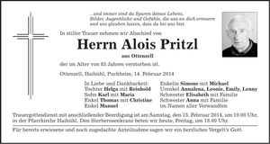 Traueranzeige Alois Pritzl