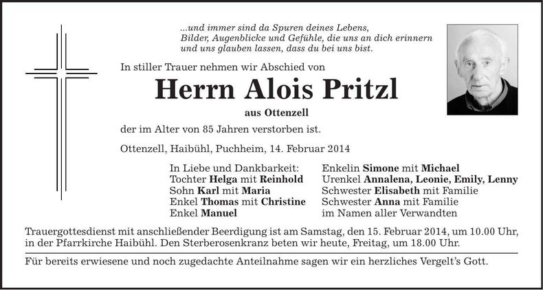 Traueranzeige Alois Pritzl