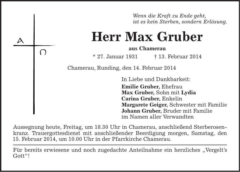 Traueranzeige Max Gruber