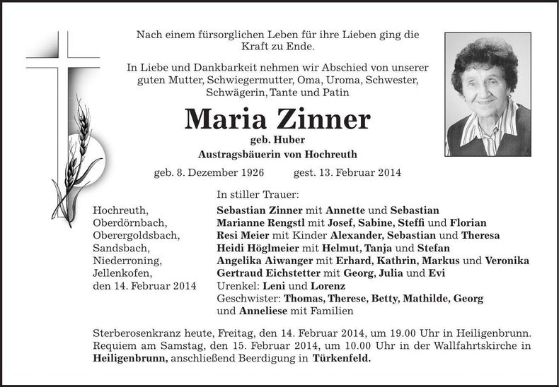 Traueranzeige Maria Zinner