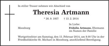 Traueranzeige Theresia Artmann