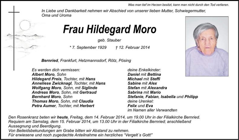 Traueranzeige Hildegard Moro
