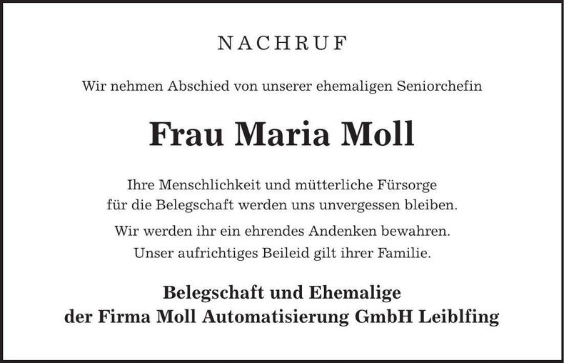 Traueranzeige Maria Moll
