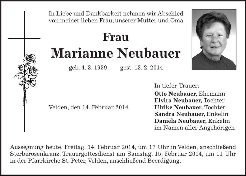 Traueranzeige Marianne Neubauer