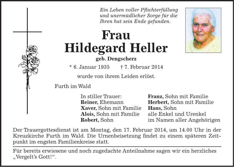 Traueranzeige Hildegard Heller
