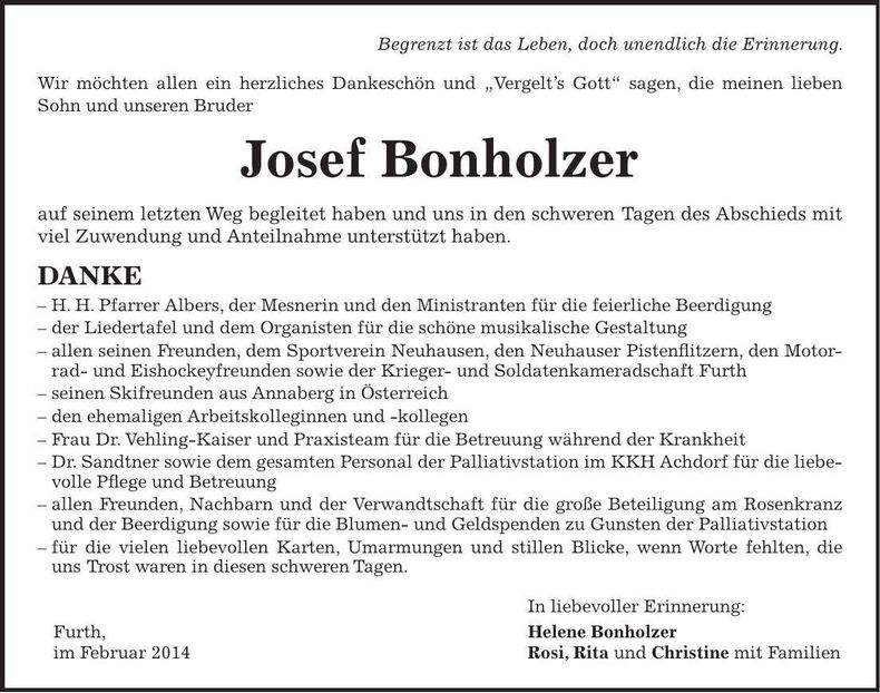 Traueranzeige Josef Bonholzer