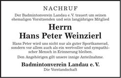 Traueranzeige Hans Peter Weinzierl