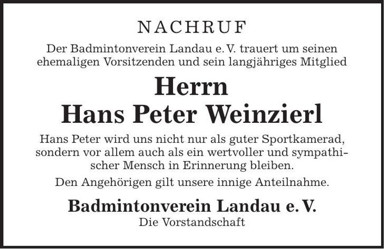 Traueranzeige Hans Peter Weinzierl
