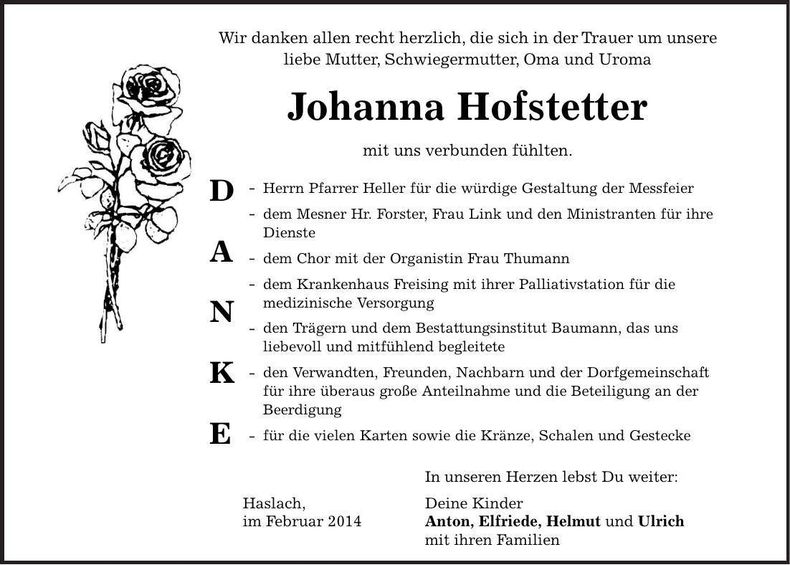 Traueranzeige Johanna Hofstetter