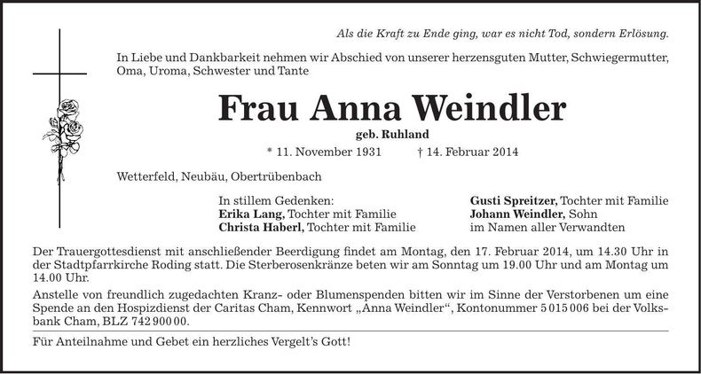 Traueranzeige Anna Weindler
