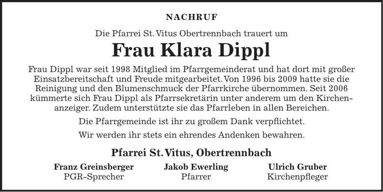 Traueranzeige Klara Dippl
