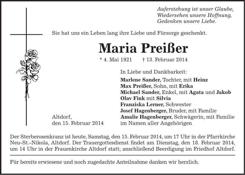 Traueranzeige Maria Preißer