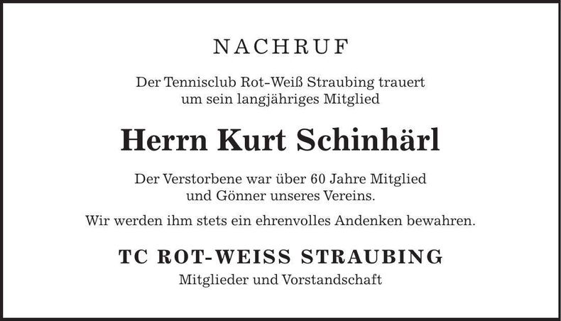 Traueranzeige Kurt Schinhärl