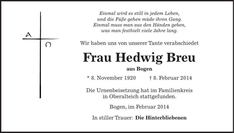 Traueranzeige Hedwig Breu