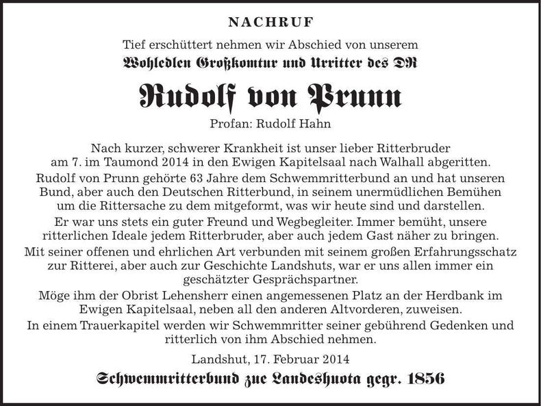 Traueranzeige Rudolf Hanh