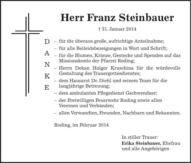 Traueranzeige Franz Steinbauer
