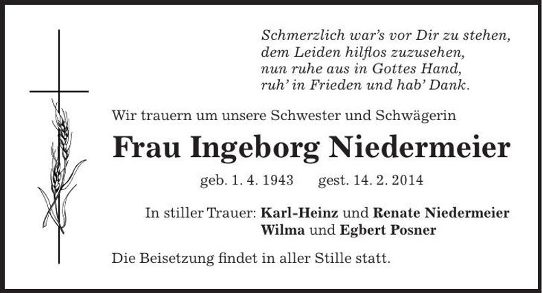 Traueranzeige Ingeborg Niedermeier