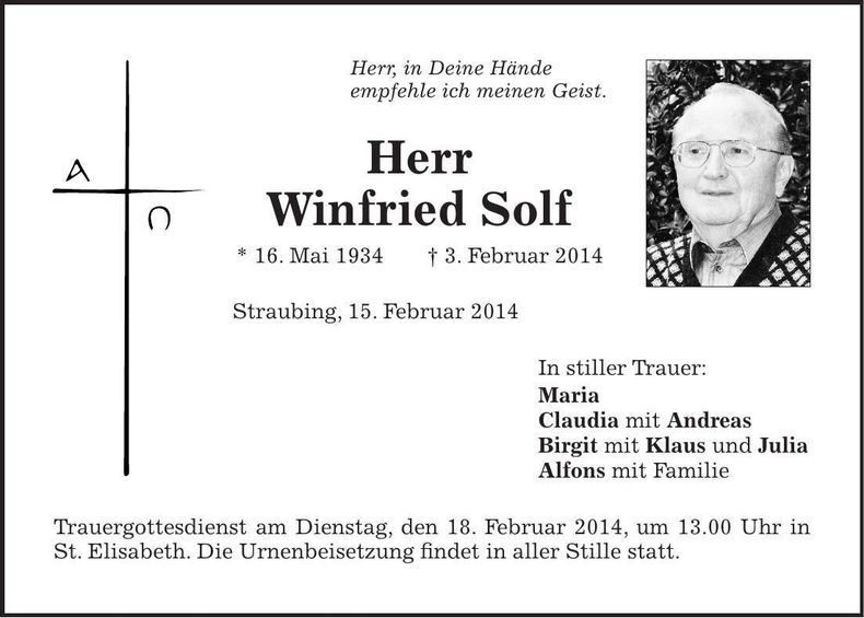 Traueranzeige Winfried Solf
