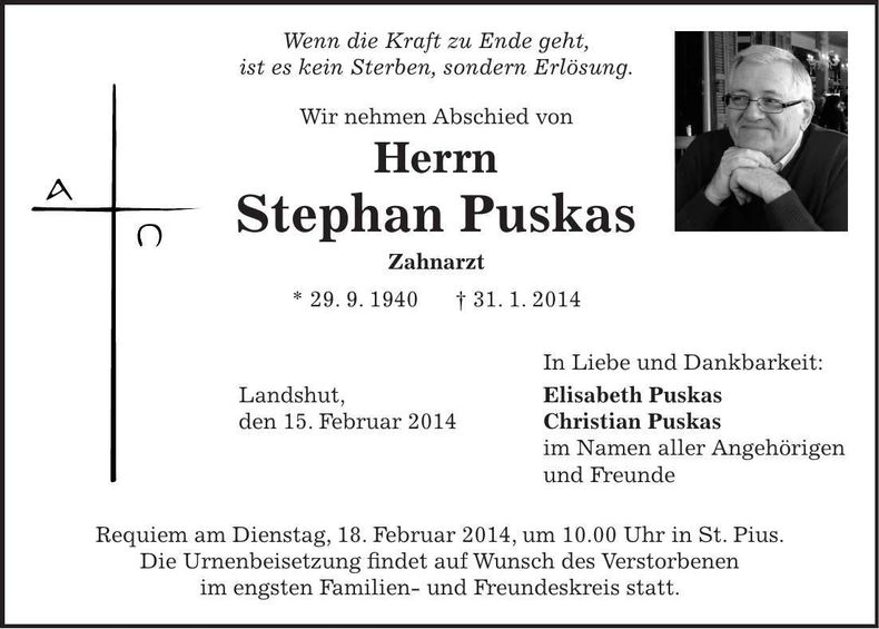 Traueranzeige Stephan Puskas