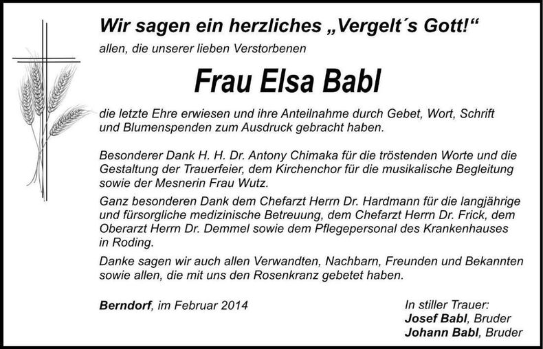 Traueranzeige Elsa Babl