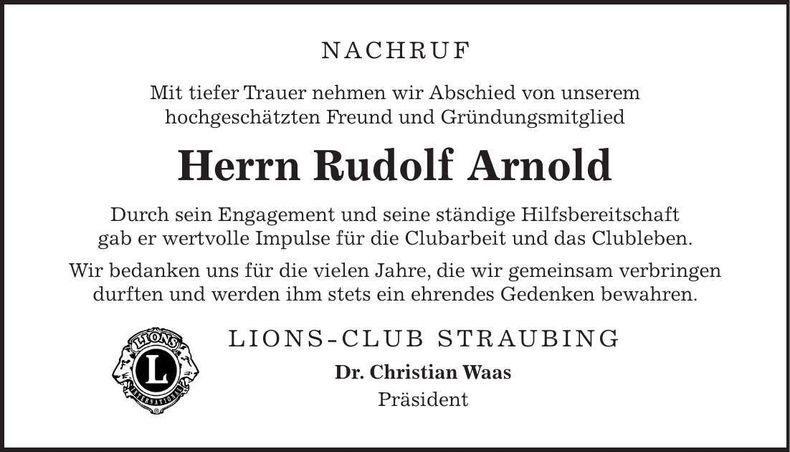 Traueranzeige Rudolf Arnold