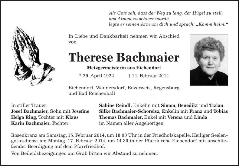Traueranzeige Therese Bachmaier