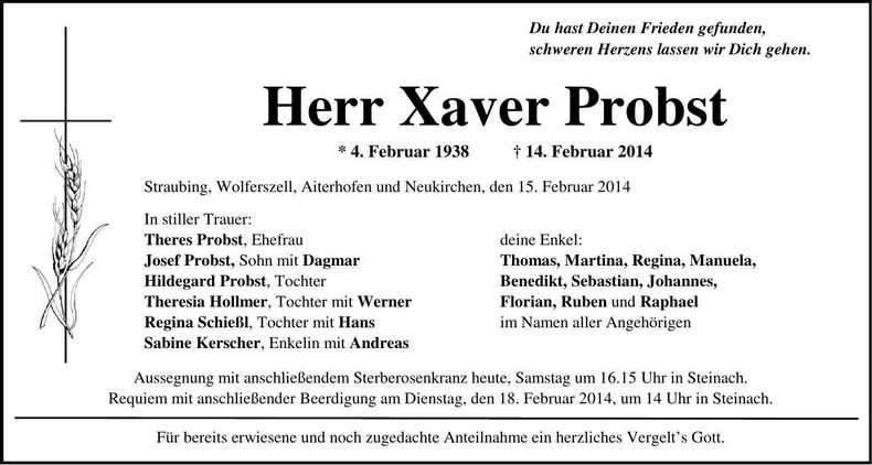 Traueranzeige Xaver Probst